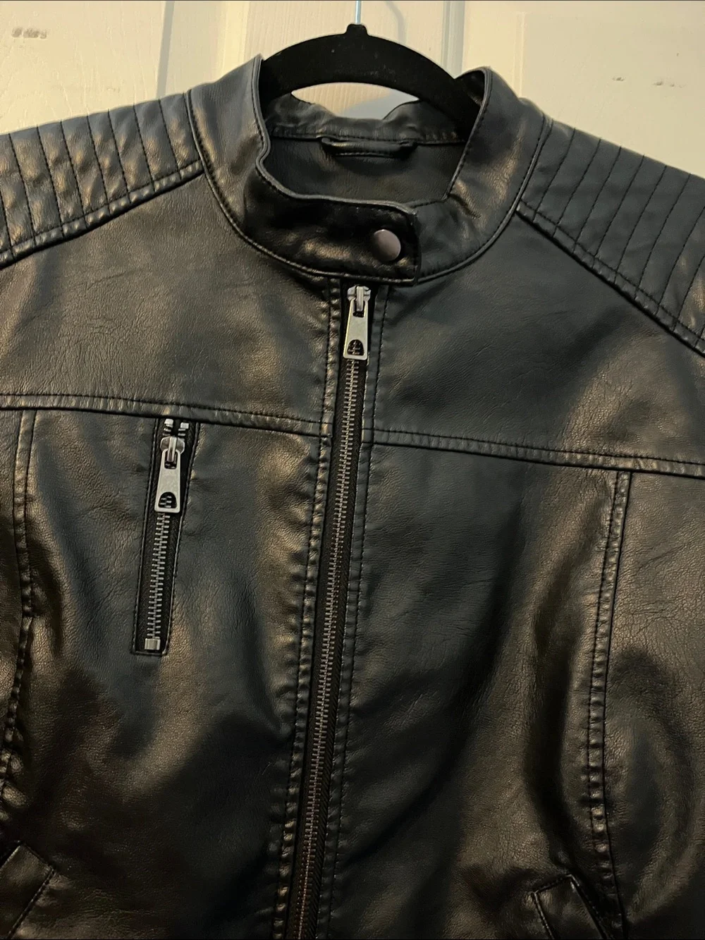 Black Faux Leather Quilted-Shoulder Bomber Jacket